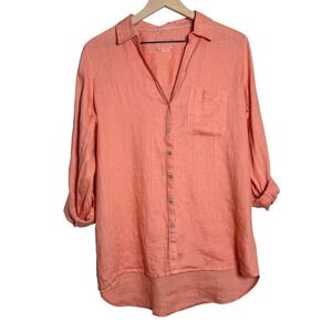 Sigrid Olsen Womens Linen Button Down Shirt L/XL Pink Roll Tab Vacation Coastal